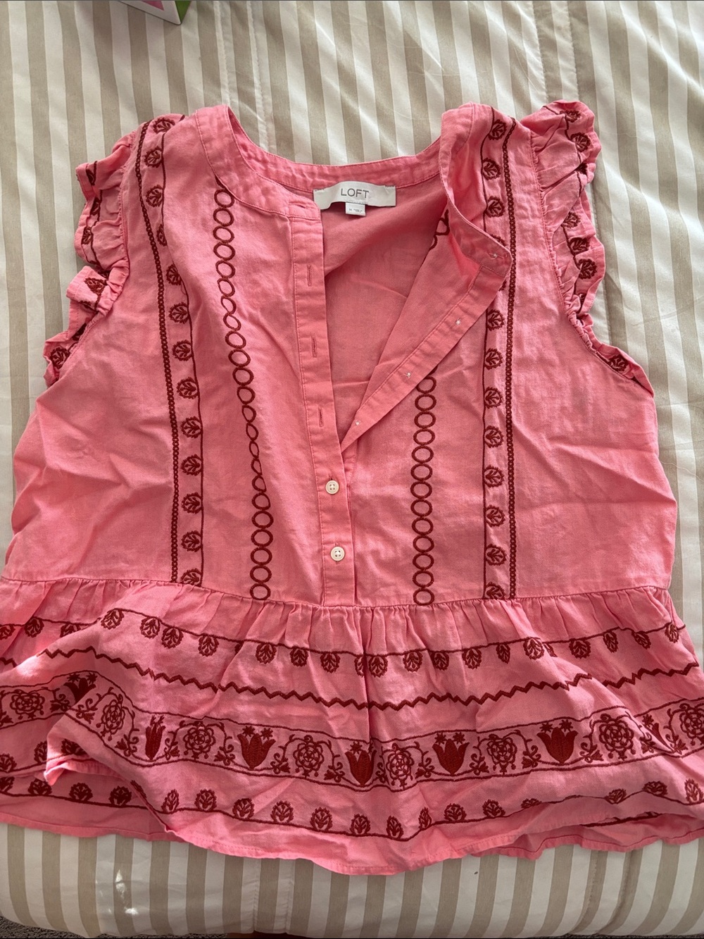 LOFT Pink Ruffle Embroidered Sleeveless Blouse